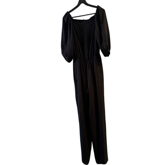 THEORY Classic Georgette Silk Off the Shoulder Black Jumpsuit Size P (00-0) - Picture 4 of 8